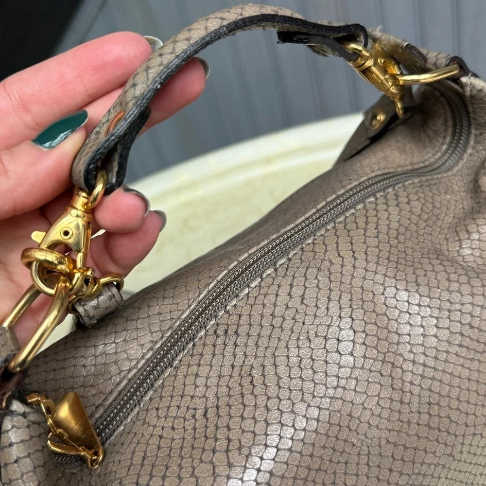 Vintage Metallic Taupe Snake-Embossed Leather Crossbody Bag